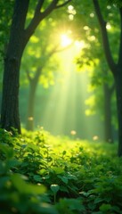 Fototapeta premium Sunbeams through lush green foliage, soft bokeh, spring, foliage, tranquil
