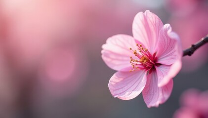Fototapeta premium Close-up of single cherry blossom, soft pastel pink , plant, soft