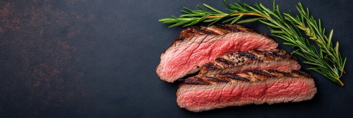 Fototapeta premium Gourmet Chargrilled Steak Presentation Succulent Beef on Matte Slate with Fresh Rosemary - Culinary Branding and Social Dining Content for Upscale Restaurants