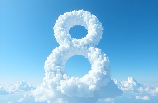 The figure is eight 3d made of fluffy white clouds among the clouds against the backdrop of the blue sky. International Women's Day. Mother's Day