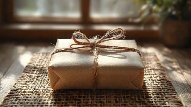 Beautifully wrapped small square present in textured kraft paper with simple ribbon or string Minimal natural eco friendly gift packaging for holidays birthdays anniversaries or other