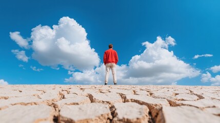 Obraz premium Eco-Conscious Landscape Dramatic Drought Terrain and Figure Under Dynamic Sky - Climate Change Visual Content for Environmental Advocacy and Education