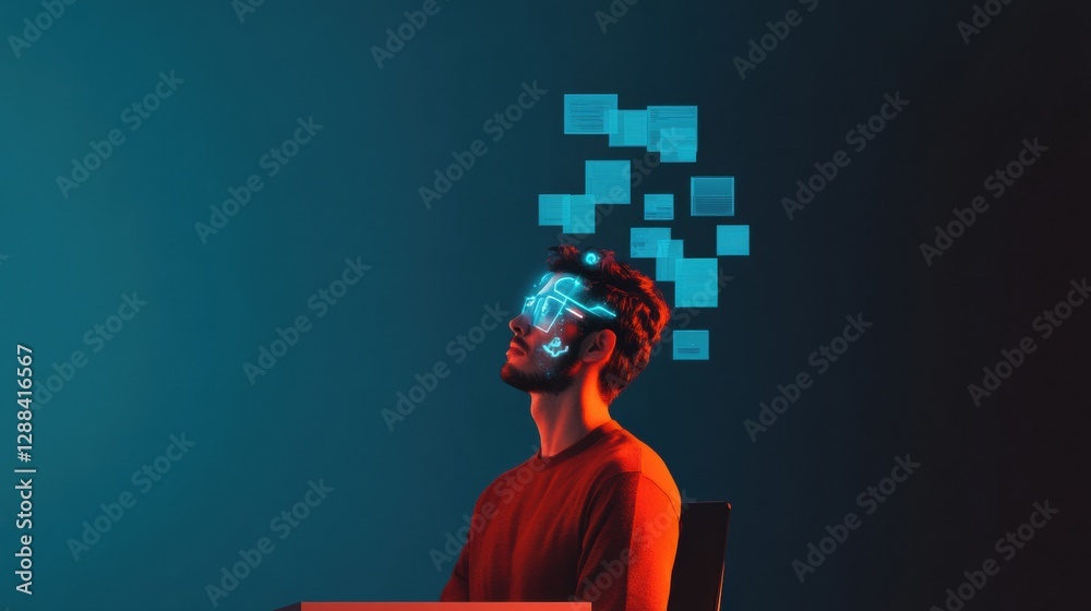 Poster Holographic EdTech Display Futuristic Virtual Instructor Over Interactive Desk - AI-Driven Digital Learning and Remote Education Innovation for Modern Classrooms