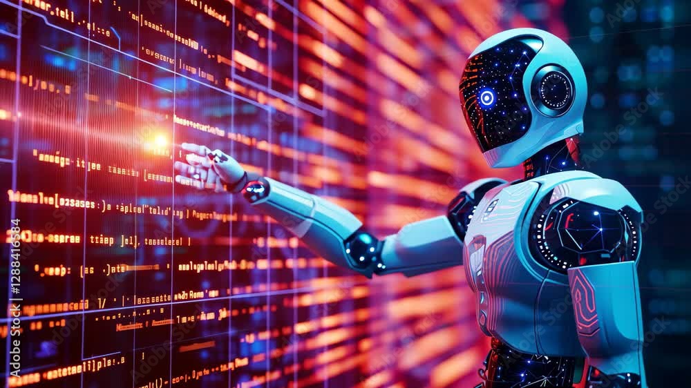 Poster android robot interacts with glowing digital data in a vibrant cyber world at twilight, showcasing a