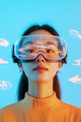 Futuristic VR Tourism Experience Slim East Asian Woman with Next-Gen Headset and Holographic Interface in Neon Blue Ambiance - Immersive Travel Solutions and Tech Innovations