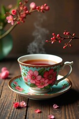 Fototapeta premium Colorful teacup, blossoming design, wood backdrop , still life, home