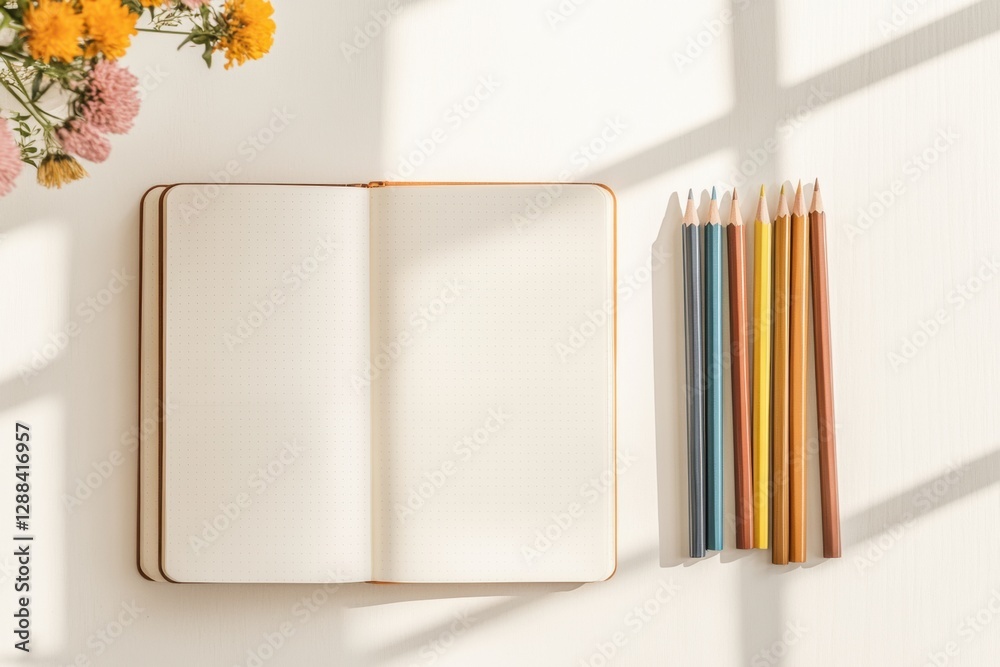 Poster minimalist creative journaling setup open bullet journal with colorful pencils on sunlit desk inspir