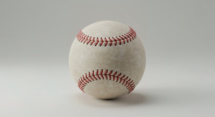 A wellworn, off white baseball with red stitching is presented against a neutral backdrop. Its textured surface suggests age and use, highlighting the details of the leather and stitching.