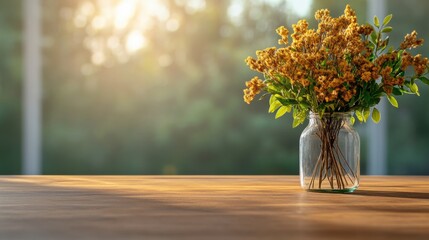 Sunlit Botanical Arrangement Rustic Glass Jar with Yellow Wildflowers on Wooden Table - Nature-Inspired Content and Eco-Friendly Home Decor for Tranquil Living Spaces