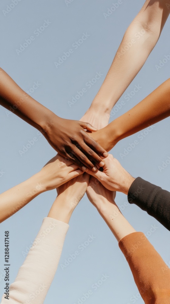 Aufkleber Diverse Unity Multi-Ethnic Hand Collaboration on Clear Sky Background - Social Harmony Visuals and Inclusive Community Campaigns