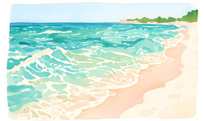 Obraz premium watercolor, A breathtaking view of a turquoise sea meeting a pristine white sandy beach, Generative AI