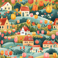 a spring drawing with a landscape. print with houses and flowers, tulips. Sweet village, vector, seamless pattern