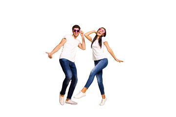 Full body photo of two people dancing at first season theme party wear cool specs and casual...