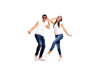 Full body photo of two people dancing at first season theme party wear cool specs and casual clothes isolated yellow color background