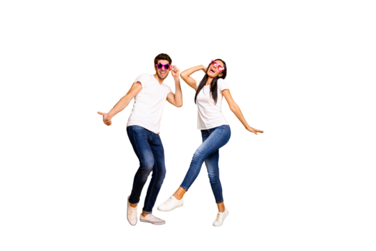 Full body photo of two people dancing at first season theme party wear cool specs and casual clothes isolated yellow color background