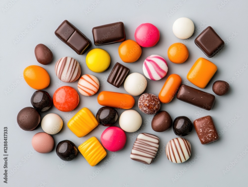 Poster vibrant candy assortment display multi-colored confectionery on matte gray palette - dynamic sweets 