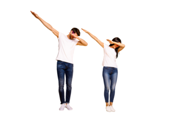 Full body photo of two people dancing at theme party cool modern moves wear casual clothes isolated yellow color background