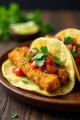 Crispy battered fish tacos with vibrant salsa, cilantro, lime , cilantro, taco