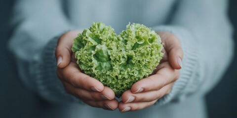 Minimalist Wellness Imagery Hands Gently Holding Heart-Shaped Lettuce on Soft Fabric - Emotional Nurturing in Health Promotion and Mindful Lifestyle Marketing
