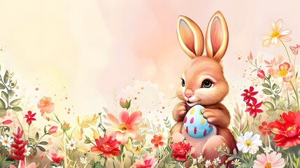 Fototapeta premium A charming Easter greeting card template with a playful bunny holding a decorated egg, surrounded by vibrant flowers and a soft gradient background