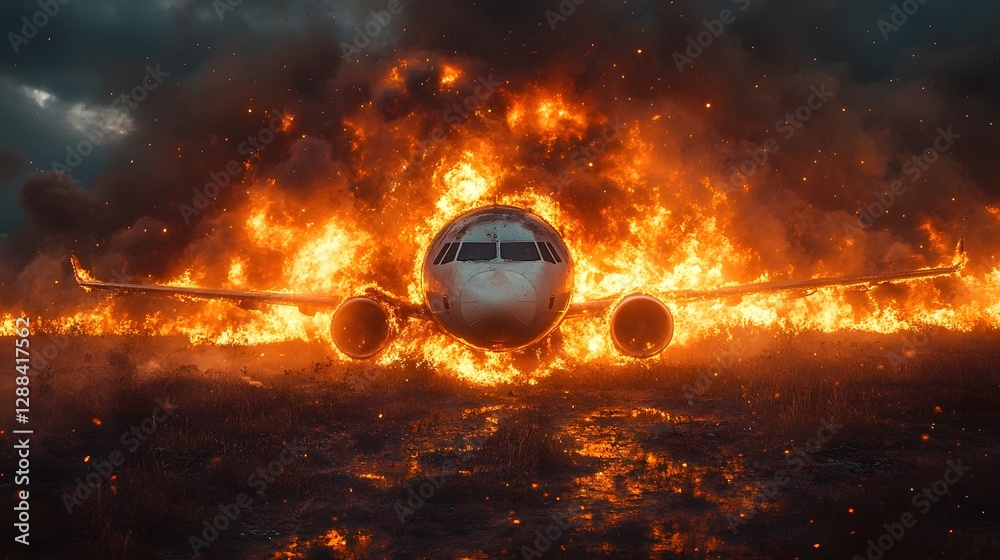Aufkleber intense fiery explosion and crash of a large passenger airplane amidst a turbulent dramatic sky fill