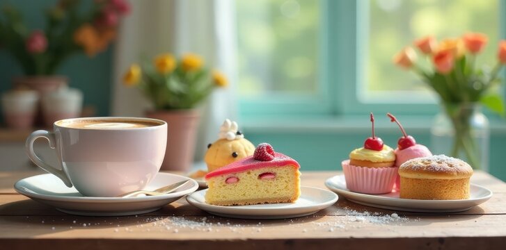 Whimsical wooden table setting with pastel-hued kaffee und kuchen and assorted colorful baked goods, baking, cake, pastel colors