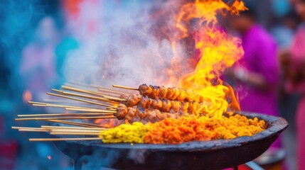 Vibrant Indian Street Food Sizzling Skewers Over Open Flame for Cultural Festivals and Immersive Culinary Marketing in Dynamic Urban Events