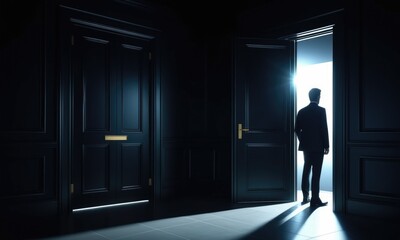 Fototapeta premium Silhouette of a man entering a brightly lit room through an open door