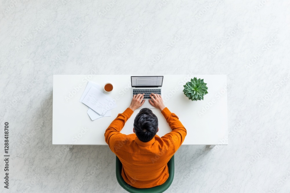 Poster minimalist workspace streamlined white desk with tea and documents - enhancing remote productivity a