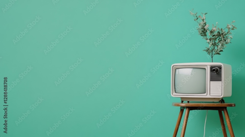 Aufkleber retro media display vintage television with antenna on wooden table - nostalgic content creation and