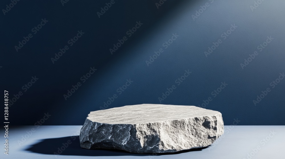 Poster minimalist granite podium display textured raw stone on navy gradient - impactful tech showcase for 
