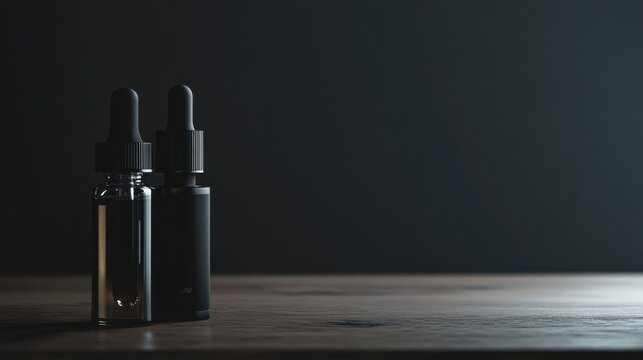 Vaping device on a dark wood desk with a sleek glass bottle. Featuring modern simplicity and elegance