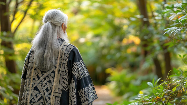 Ainu elder from Japan, dressed in traditional attus robes