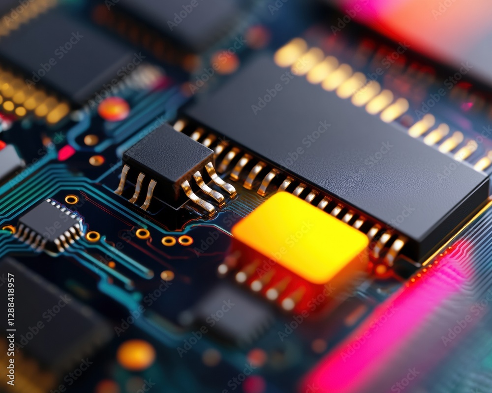 Poster Futuristic Circuit Board Aesthetics Close-Up of Electronic Components and Connection Paths Foundation of Modern Tech Infrastructure and Digital Solutions for Business Innovation