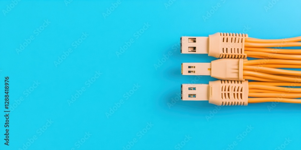 Aufkleber minimalist networking equipment display vibrant orange ethernet cables on blue backdrop modern tech 