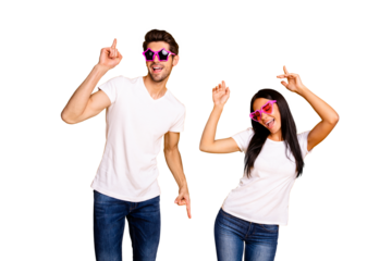 Photo of two people attend youth student party dancing like never wear cool specs and casual clothes isolated yellow color background