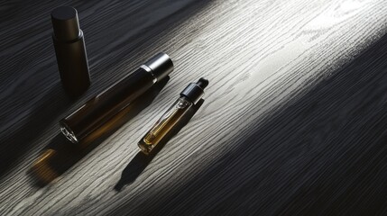 Vaping device on a dark wood desk with a sleek glass bottle. Featuring modern simplicity and elegance