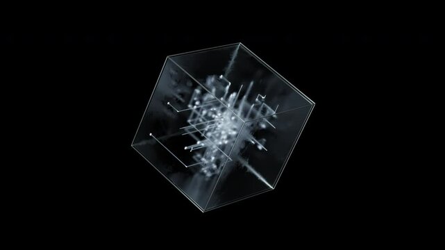 Transparent glass cube with a developing maze inside