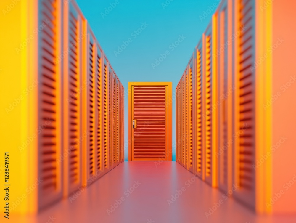 Aufkleber Vibrant Tech Aesthetic in Modern Data Center Colorful Server Room Corridor with Smart Ventilation and Power Systems - Infrastructure Content for Digital Operations and Cloud Solutions