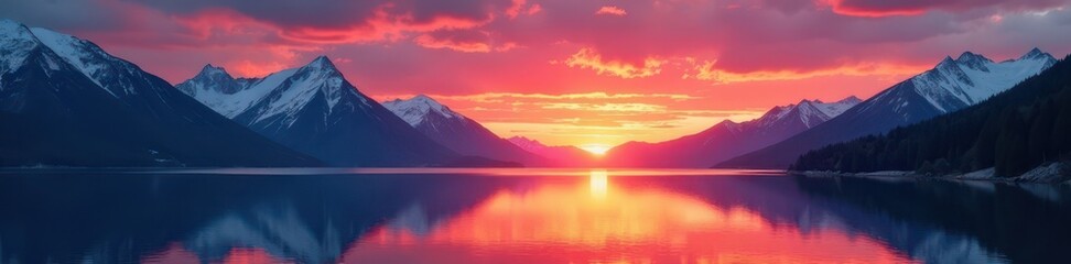 Fiery sunset, snow-capped peaks, tranquil lake, vivid, reflection