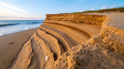 Weathering process concept. A stunning sandy cliff formation meeting the serene waves of the ocean.