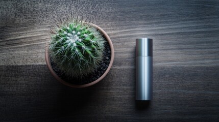 Vaping device on a dark wood table next to a small potted cactus. Featuring sleek minimalism and calmness