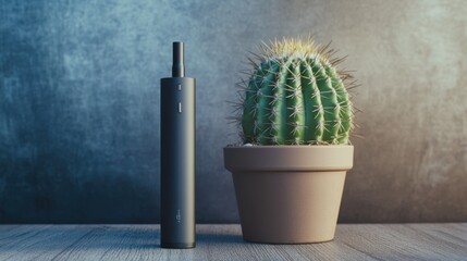 Vaping device on a dark wood table next to a small potted cactus. Featuring sleek minimalism and calmness