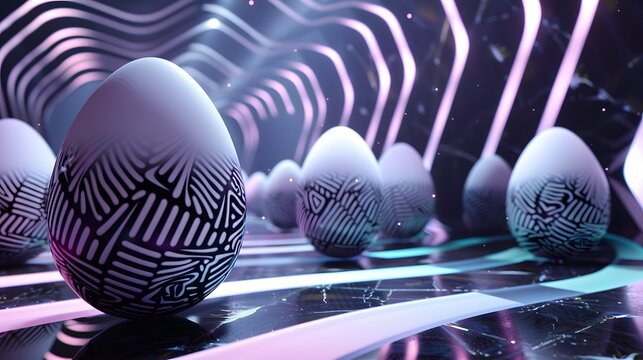 A 3D render of eggs with artistic holographic patterns in a futuristic setting