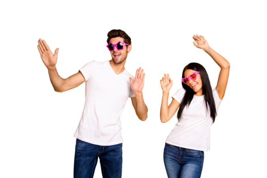 Photo of two people attend youth student party dancing like never wear cool specs and casual clothes isolated yellow color background