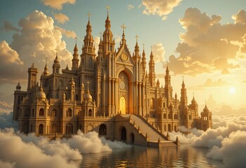 golden city floats on clouds above a body of water and sun