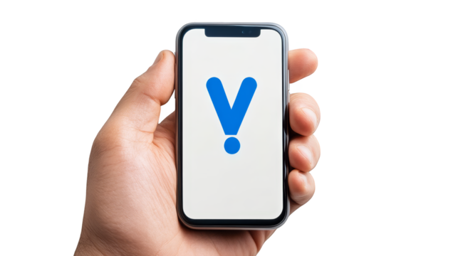 Hand holding phone with blue v symbol, mobile technology and communication