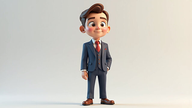 Cute and professional-looking animated boy in a navy-blue suit and tie, posing with confidence against a clean, minimal background. - Powered by Adobe