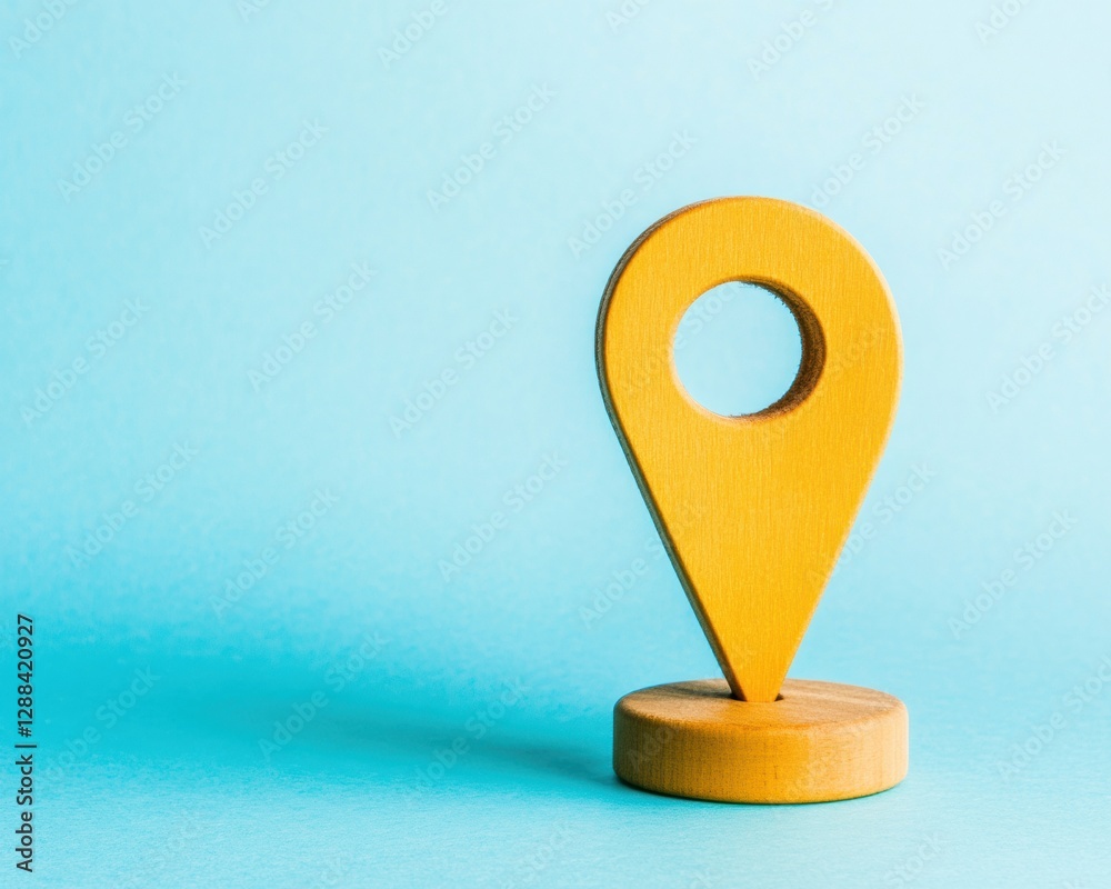 Poster minimalist wood location marker on vibrant blue backdrop geographical precision tool for tech naviga