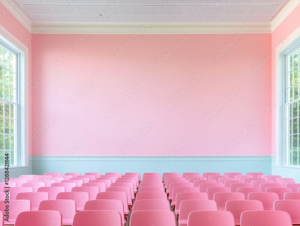 Poster pastel pink lecture hall vibrant seating and minimalist decor for modern academic promotion in edtec